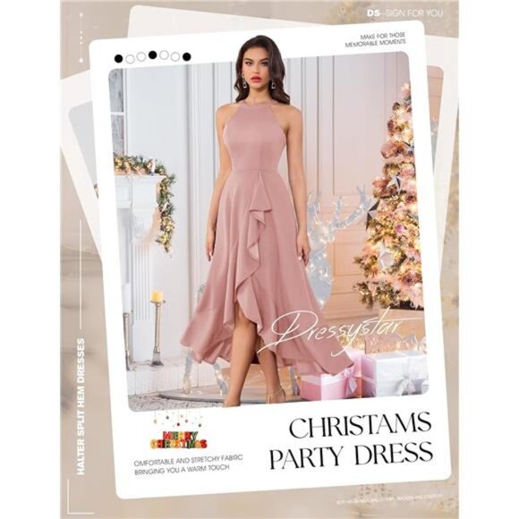 Womens Halter Split Hem Dress Elegant Pink - Picture 3 of 6